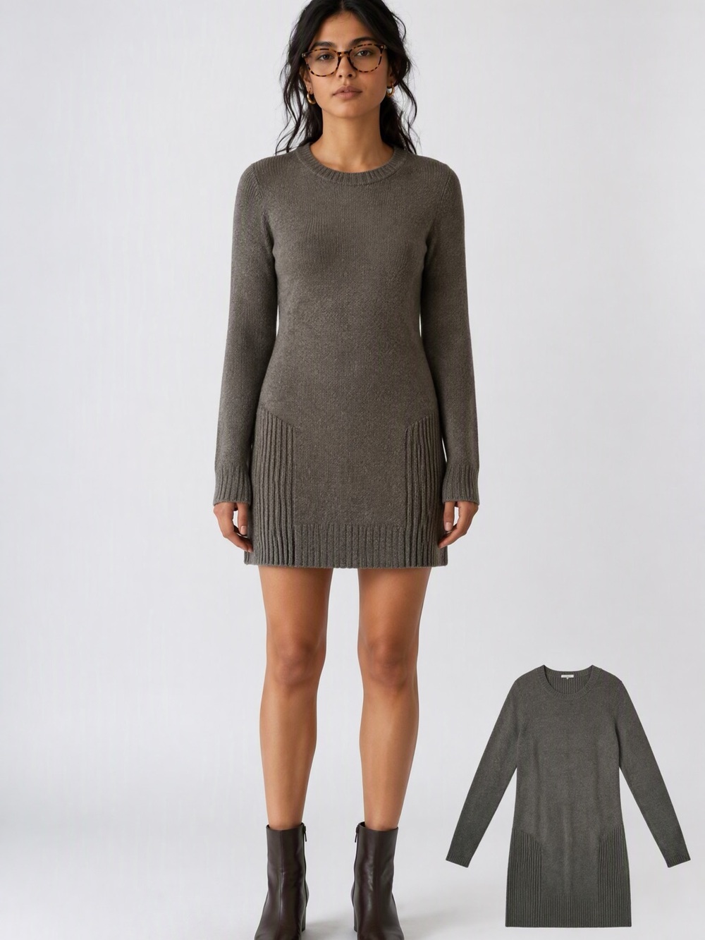 Long Sleeve Sweater Dress - Brown